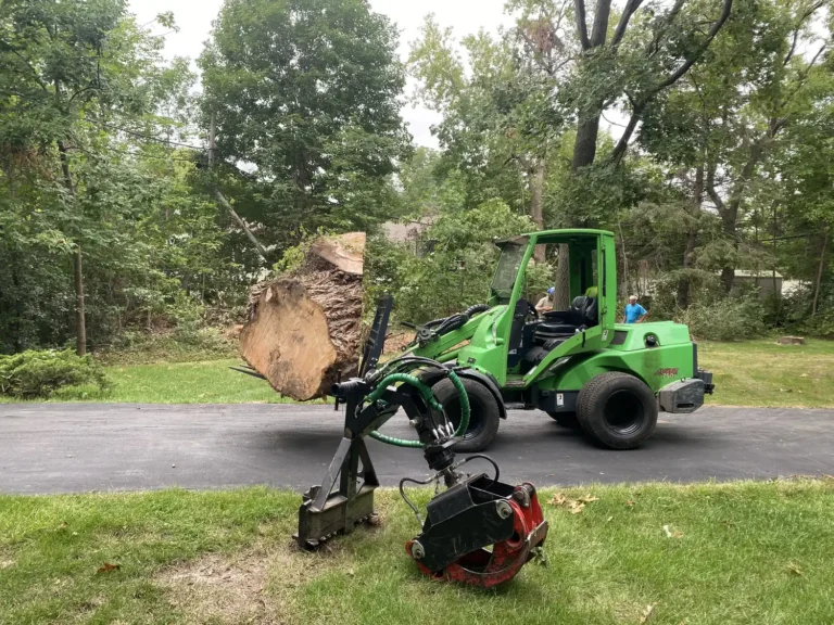 Large willow tree section being moved with grapple equipment in Greenfield, Wisconsin